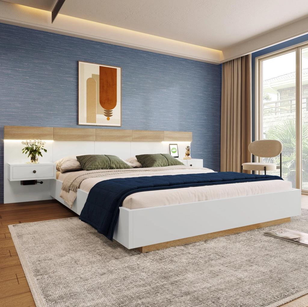 Letto matrimoniale con 2 comodini LED e prese USB/Type-C, 140x200 cm