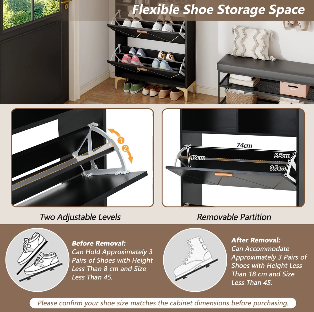 Mobile scarpiera da ingresso 80 x 25 x 117 cm in MDF nero con 2 ante ribaltabili e 2 ripiani aperti