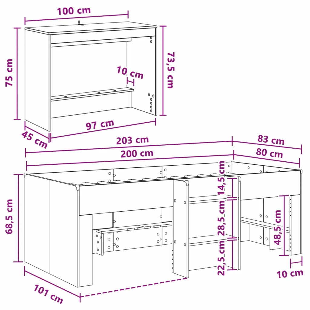 Letto alto per bambini con scrivania Rovere Nero 80 x 200 cm 3423439
