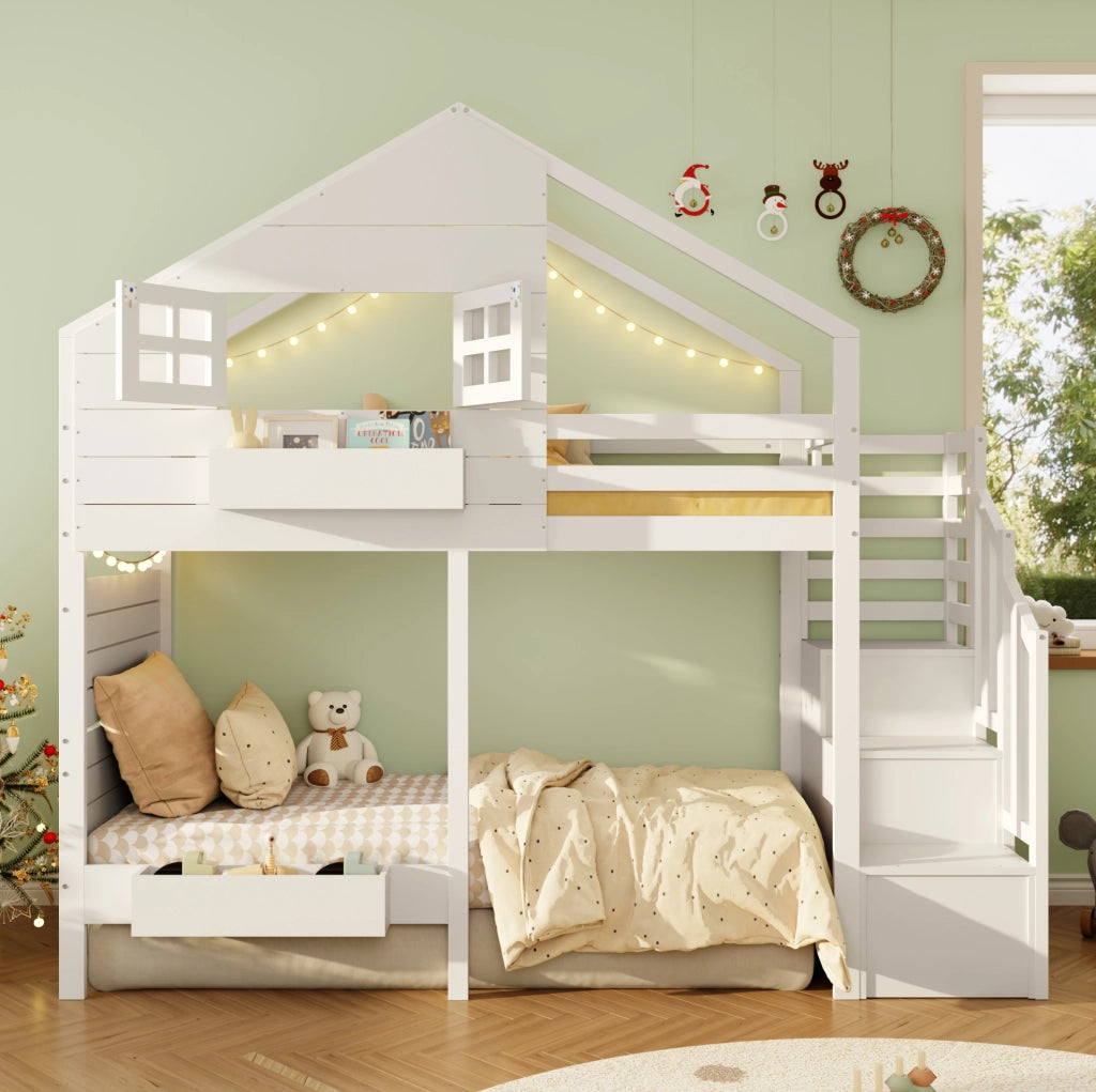 Letto a castello 90x200 cm con scala contenitore e finestra in legno e MDF bianco
