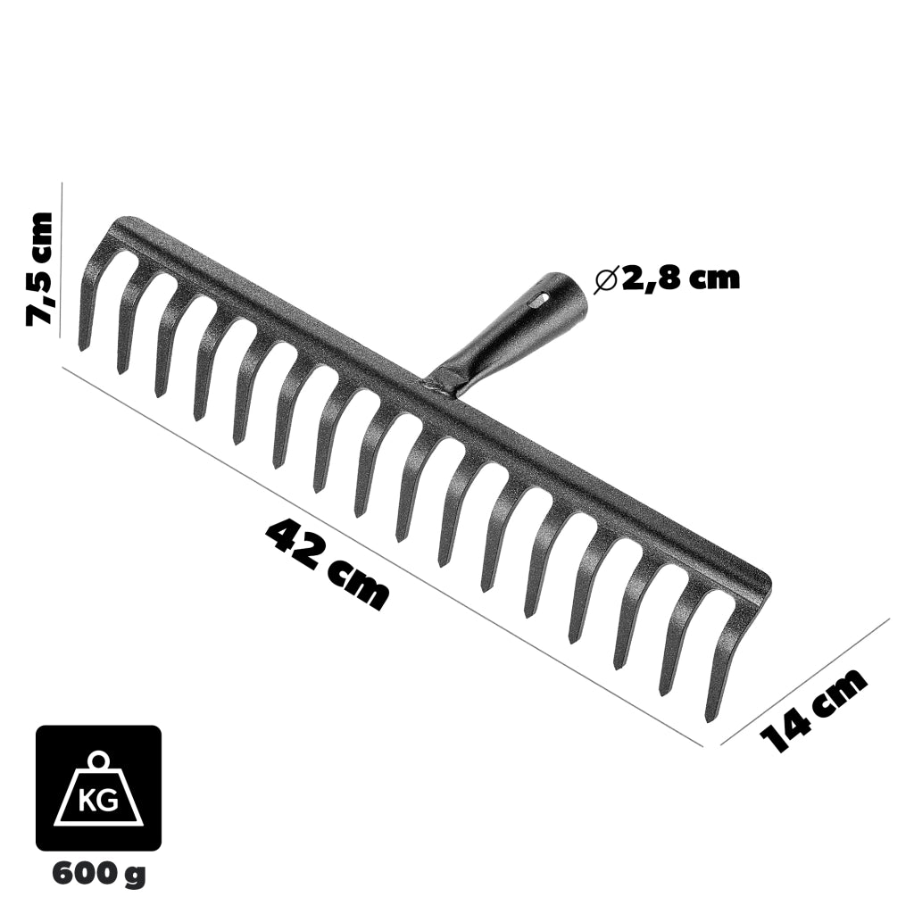 Rastrello per foglie in acciaio KADAX a 16 denti, senza manico, per terra ed erba.
