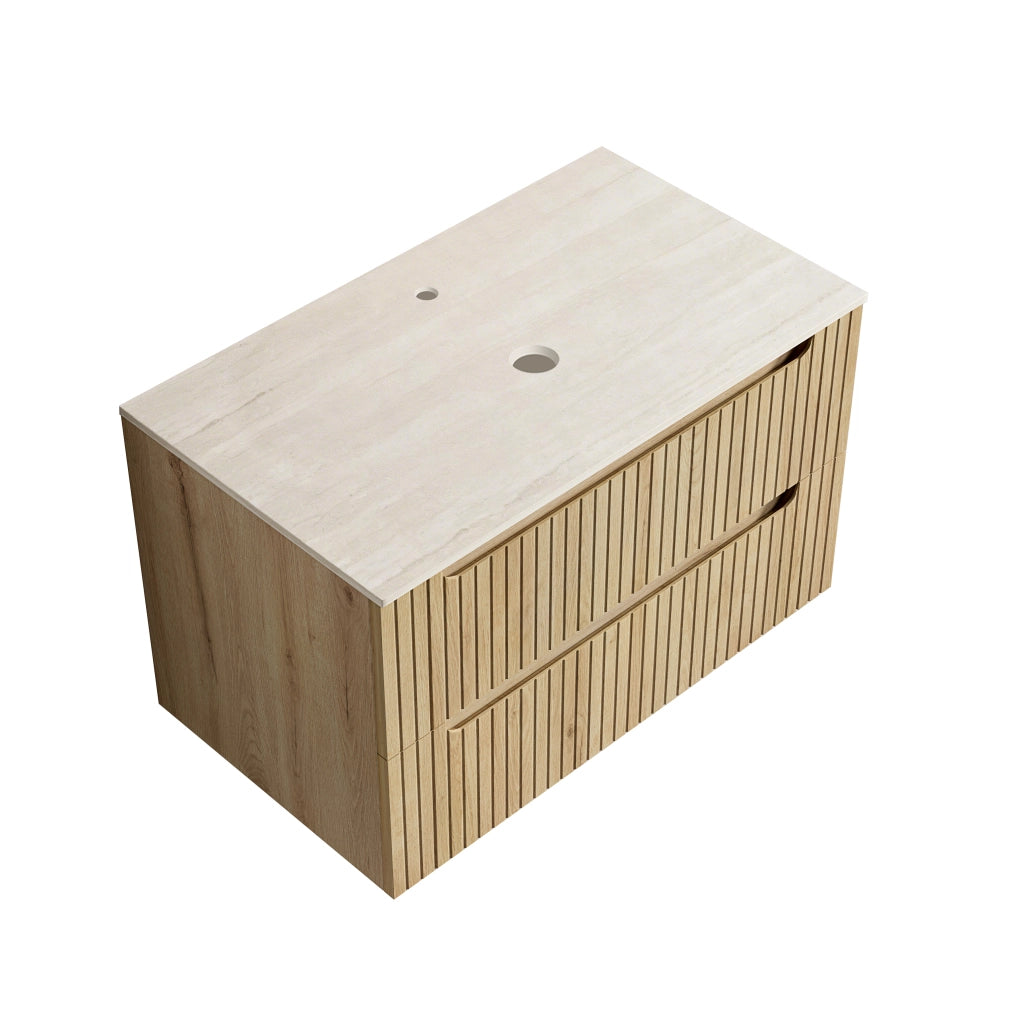 Mobile bagno sospeso con 2 cassetti e piano in pietra sinterizzata; stile moderno per bagno; rovere chiaro 89×55×61 cm