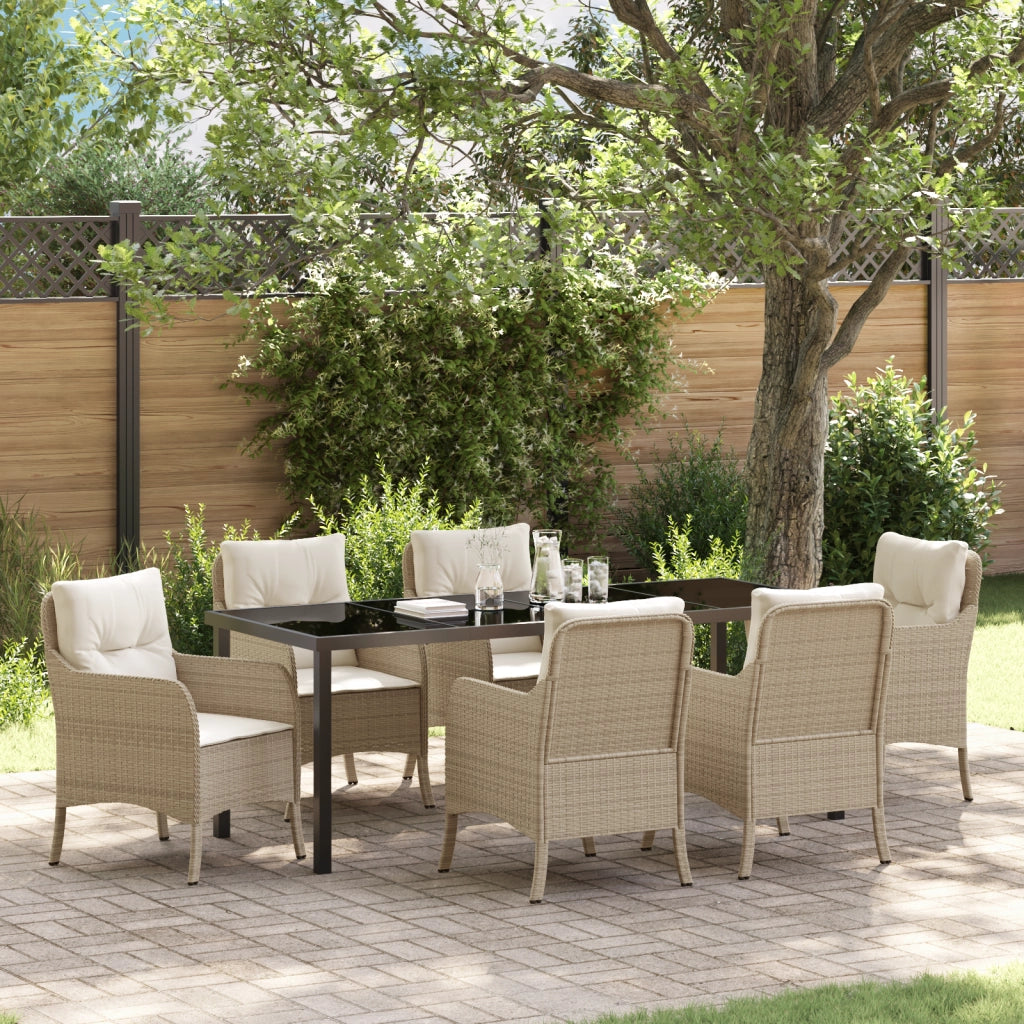 Set da Pranzo da Giardino 7 Pezzi con Cuscini Beige in Polyrattan