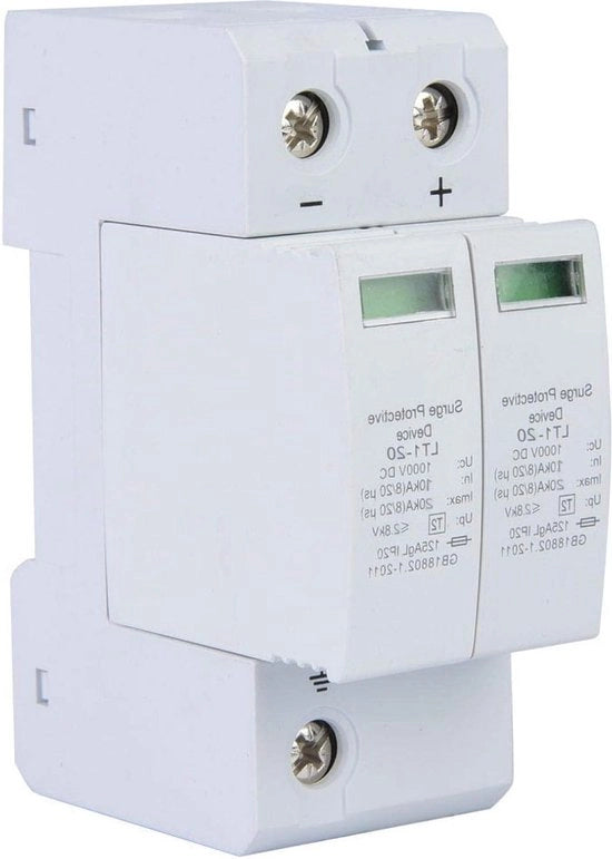 Sistema di protezione contro sovraccarichi 1000 V DC fotovoltaico con protezione contro fulmini - installazione con cavo in rail standard - bassa tensione (2P 20ka)