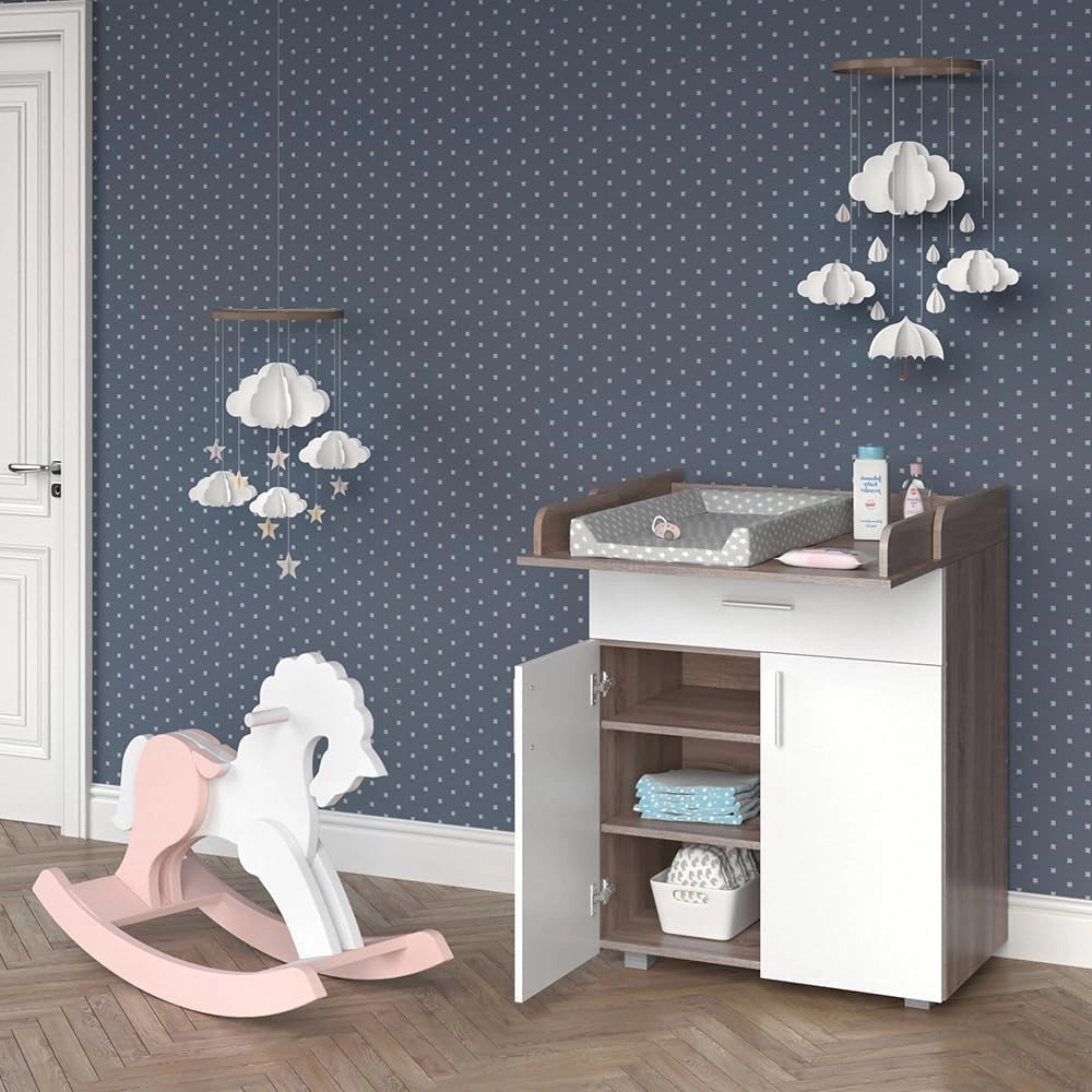 Fasciatoio Lena, Bianco/Sonoma, 75 x 100 cm, convertibile in comò normale dopo il periodo del fasciatoio