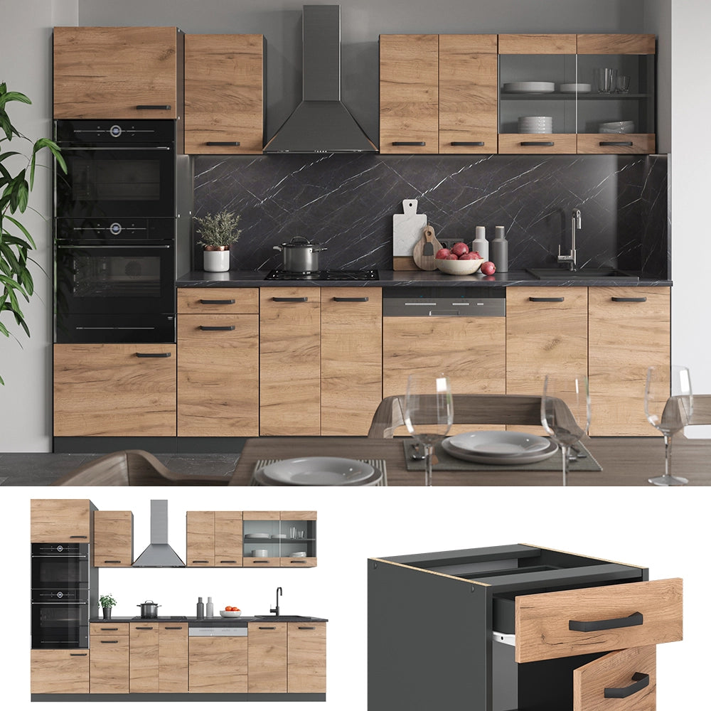 Vicco Cucina componibile Quercia dorata/antracite 300 cm con armadio alto, PL Marmo