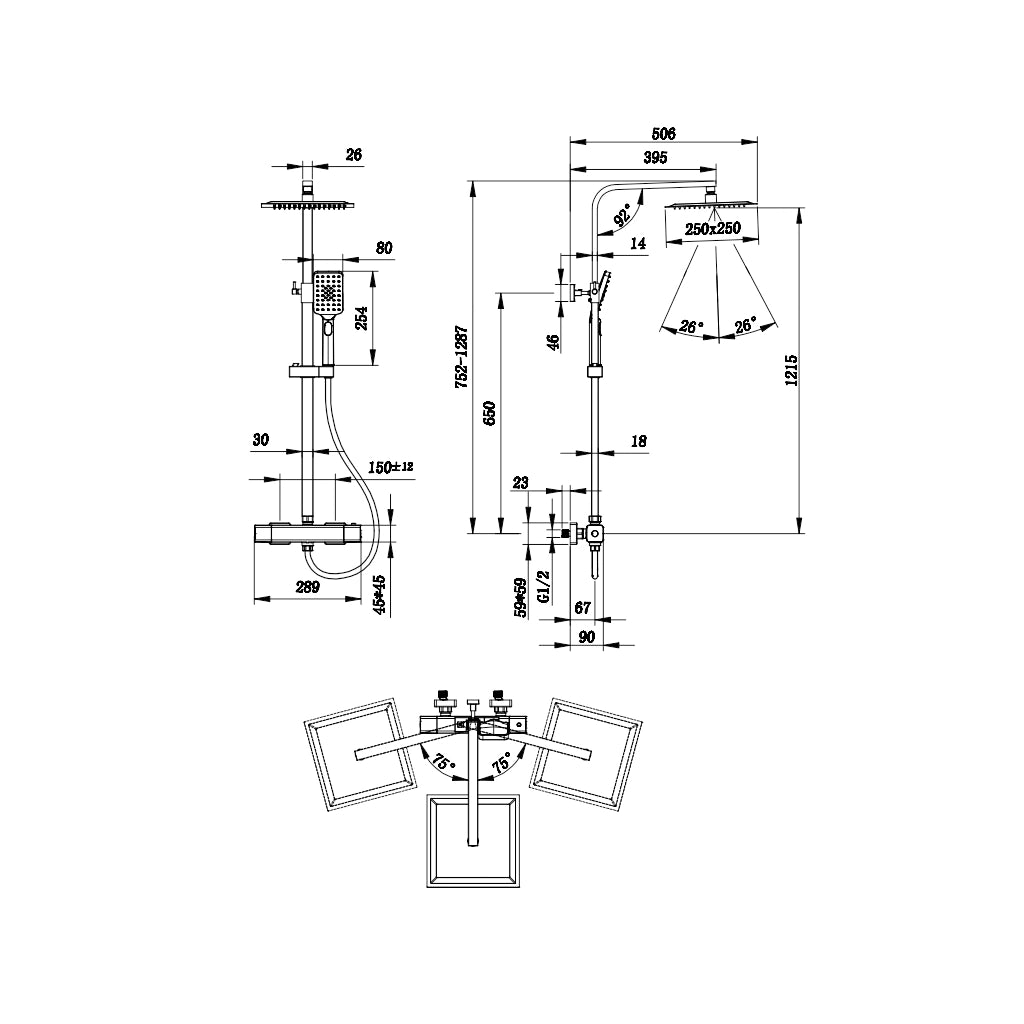 AICAIT Colonna doccia quadrata con soffione quadrato 25x25cm in acciaio inox cromato, sistema doccia a 38℃ antiscottature