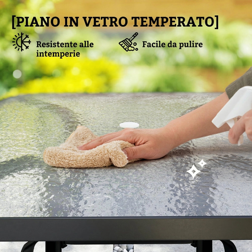 Tavolo da Giardino Quadrato a 4 Posti con Piano in Vetro e Foro per Ombrellone ?43 mm, Nero