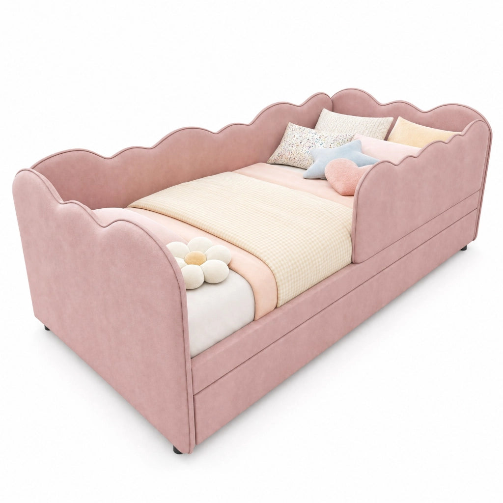 Letto imbottito con letto estraibile 90x190 cm in velluto rosa