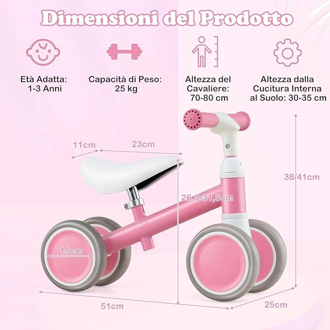 Bicicletta Senza Pedali per Bambini 1-3 Anni, Bicicletta Equilibrio con 4 Ruote, Manubrio e Sella Regolabili in Altezza, Bici per Bambini, Portata 25 kg