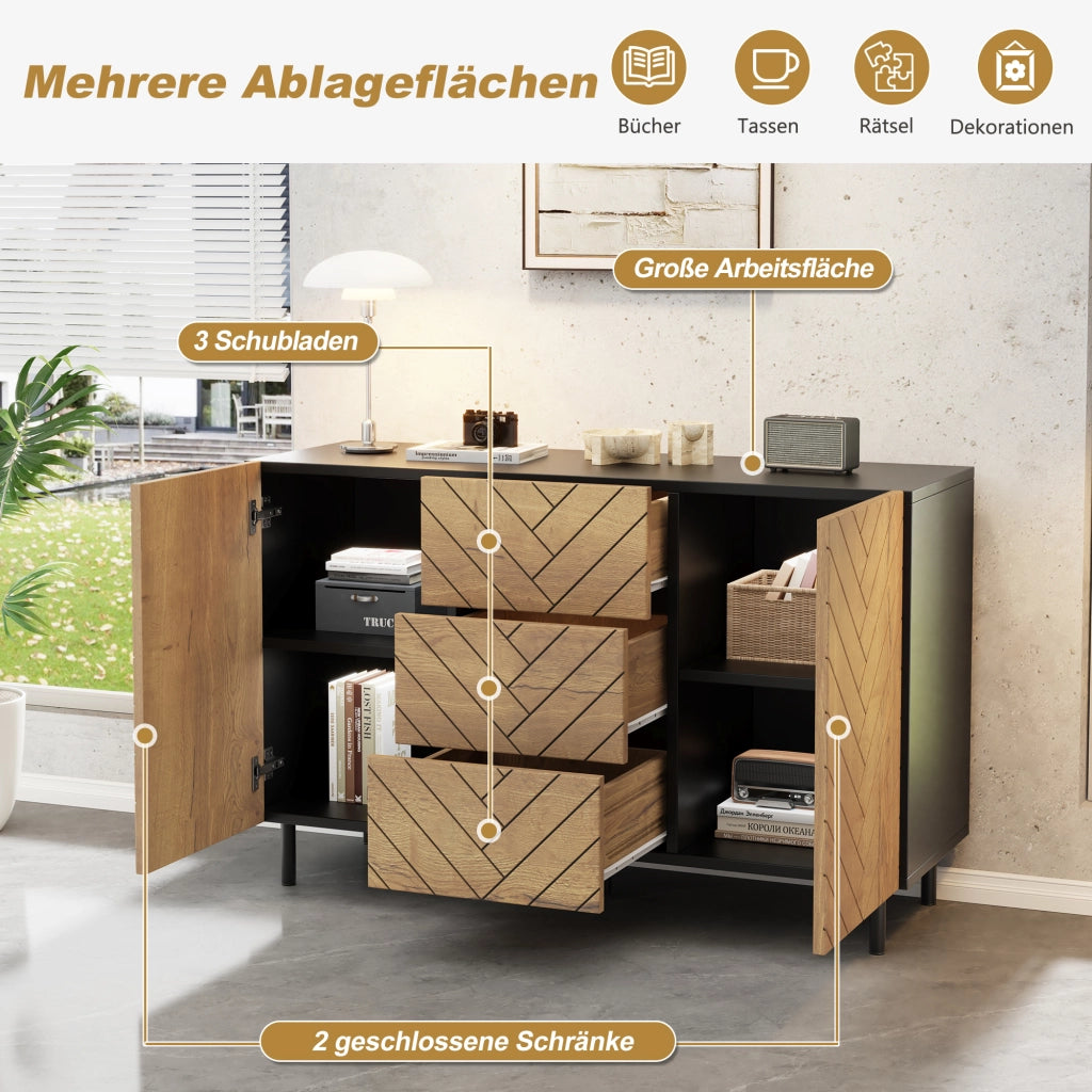 Credenza con 3 cassetti e 2 ante, in truciolato, effetto legno e telaio nero, per soggiorno, 120 × 40 × 76 cm