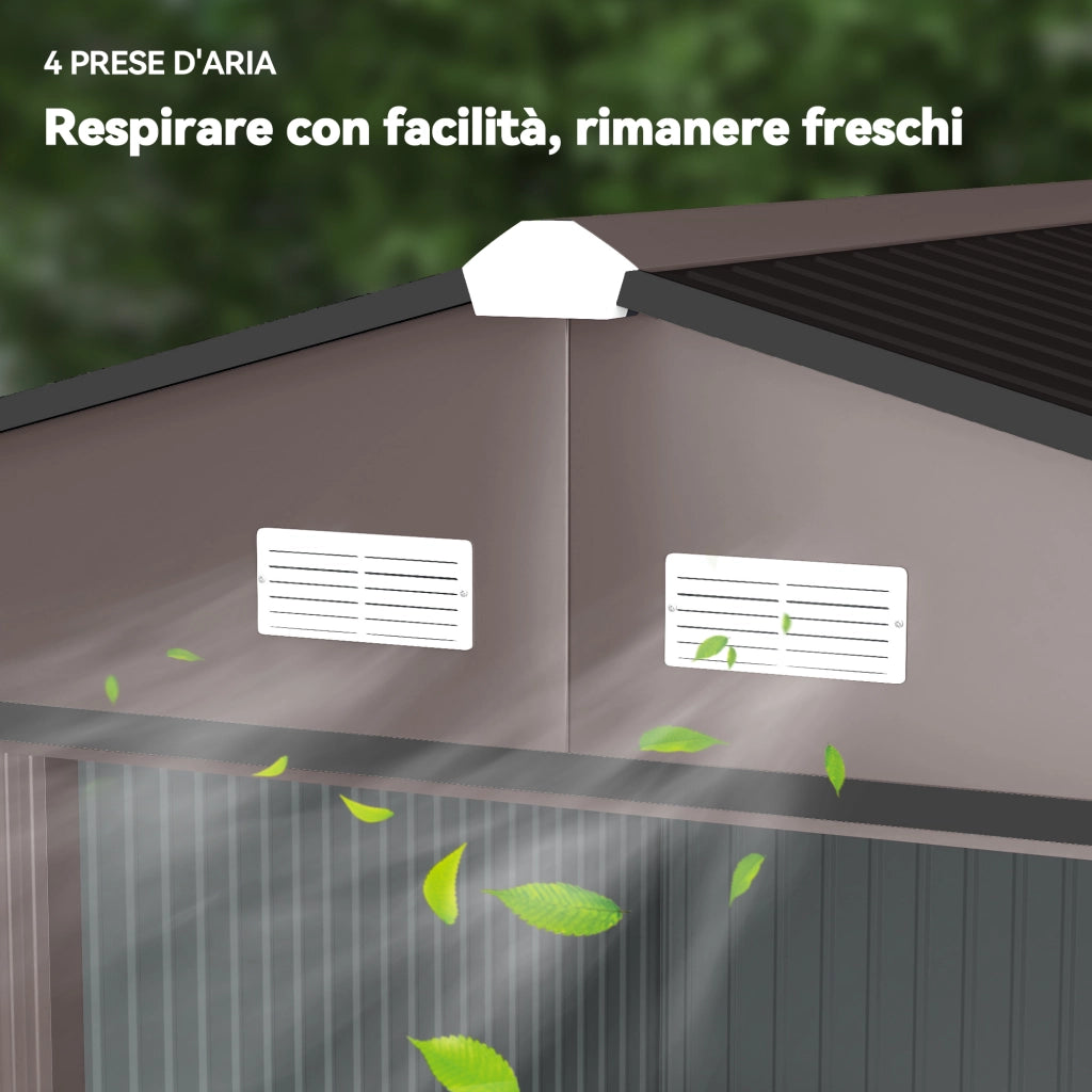 Casetta da Giardino 322x277x192 cm con 2 Porte Scorrevoli e 4 Prese d'Aria in Acciaio Marrone