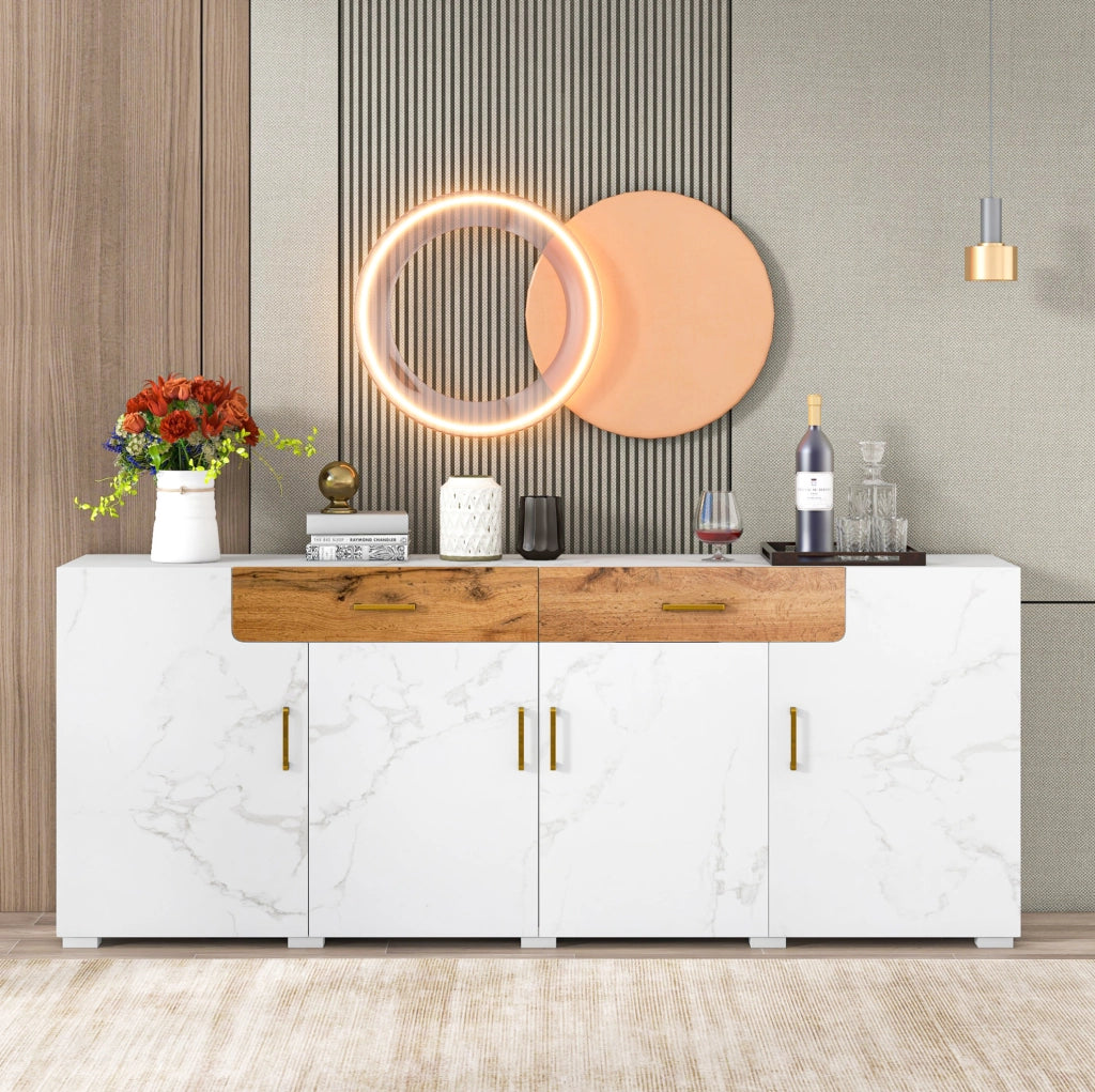 Madia ULEVR 208x39,5x80 cm con 4 ante e 2 cassetti, mobile TV e contenitore bianco e marrone