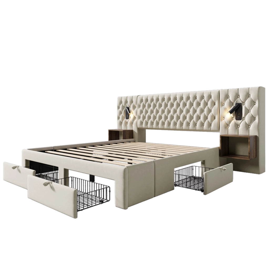 Letto matrimoniale imbottito 180x200 cm in velluto beige con 2 comodini, 4 cassetti e luci lettura