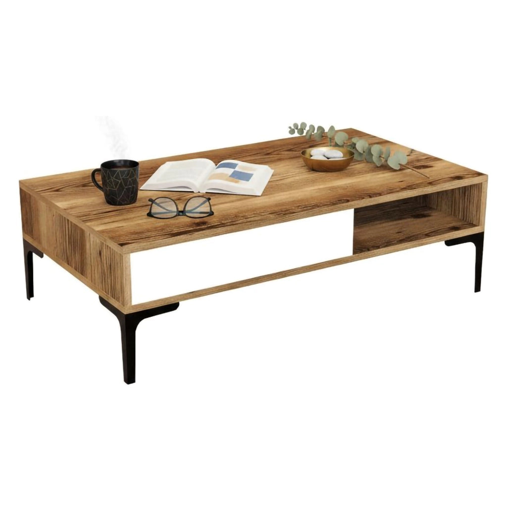 Tavolino da salotto Gru, Tavolo basso da caffè, Portariviste per divano, Ripiano da soggiorno, 105x60h33 cm, Noce e Bianco
