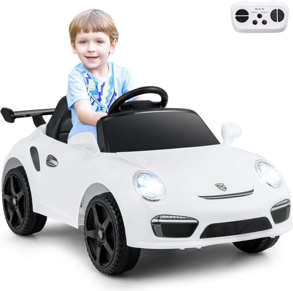 12 V Auto Elettrica per Bambini, Macchina Elettrica Porsche con Licenza Ufficiale, Telecomando, Musica, Luci LED, Clacson e Avvio Morbido, per Bambini 3-8 Anni (Bianco)