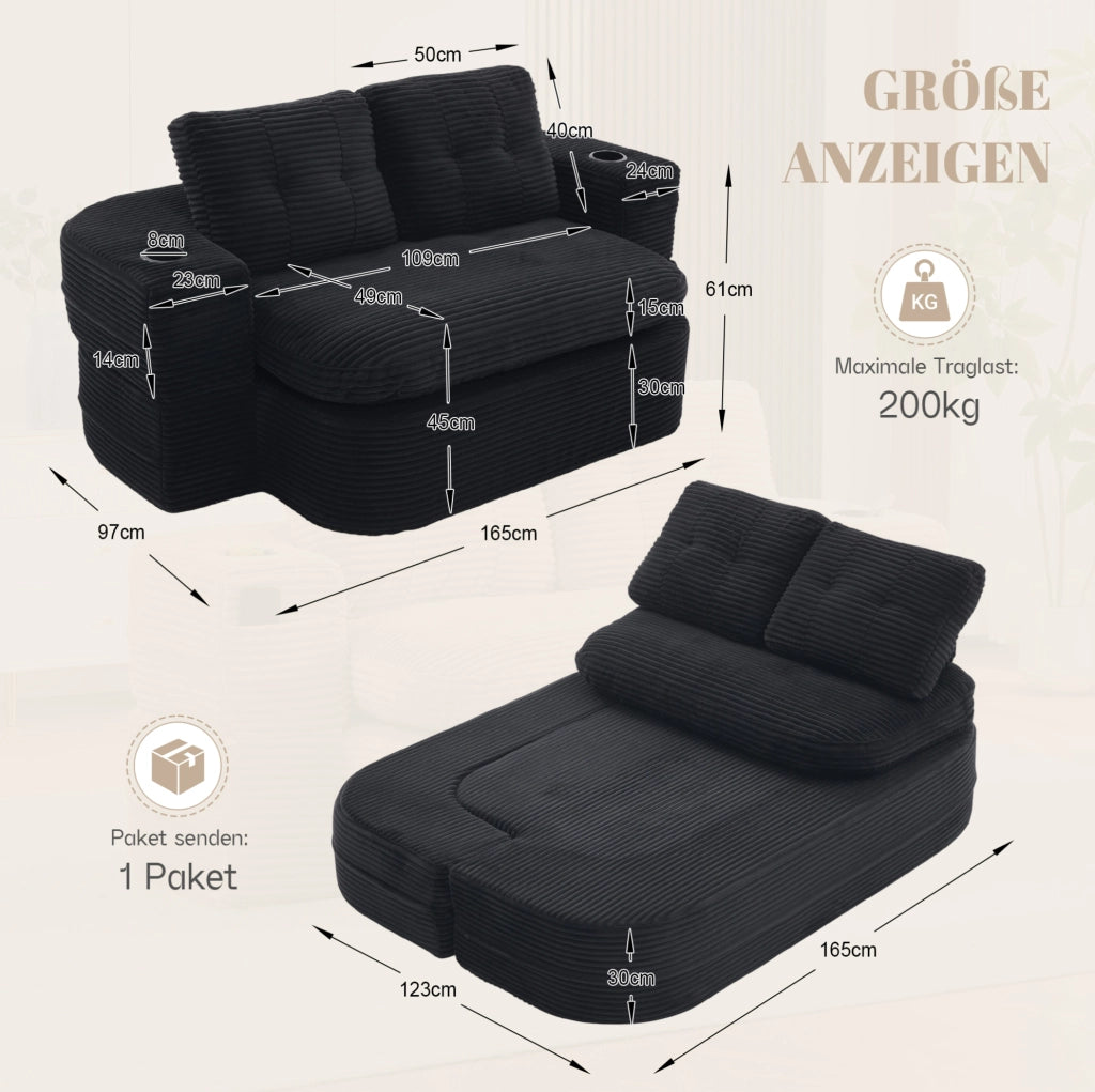 Poltrona letto 2 in 1 in velluto a coste nero con portabicchieri