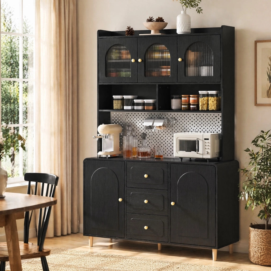 Credenza alta con pannello forato e 3 cassetti, mobile contenitore per cucina e sala da pranzo, nero 120 × 40 × 190 cm