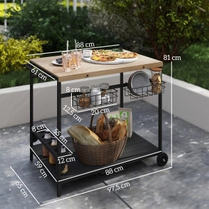 Carrello servitore da giardino a 2 livelli in legno di abete con cesto metallico e portabottiglie