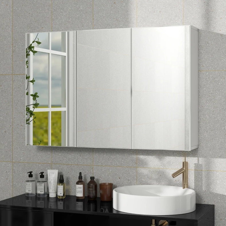 Armadio a specchio da bagno ULEVR 90x15,5x60 cm con 3 ante specchiate e 5 ripiani, bianco
