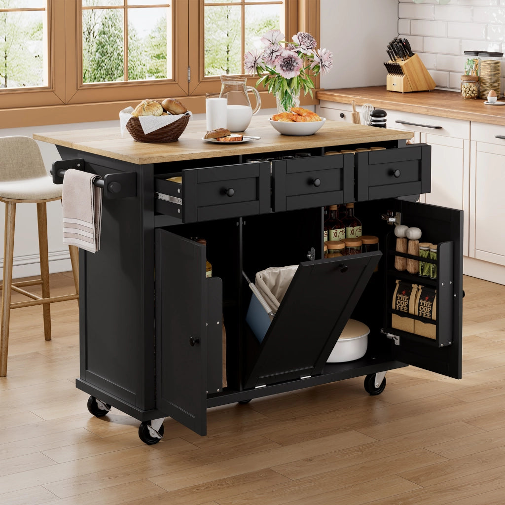 Carrello da cucina con cassetti; piano pieghevole; vano per pattumiera e portaasciugamani per cucina; in MDF; nero e naturale; 112 x 46;2-76;2 x 92;7 cm