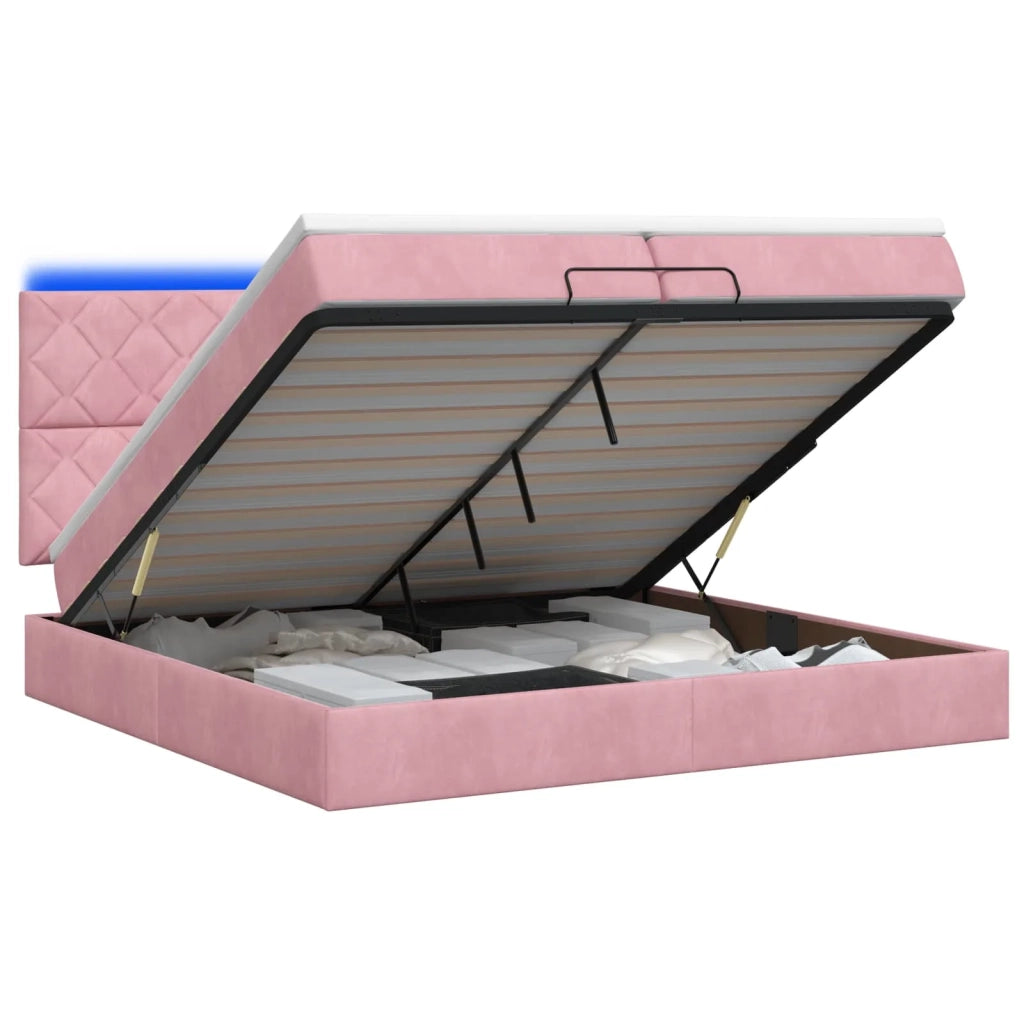 Letto Ottomano con Materasso e LED Rosa 200 x 200 cm Velluto 3458402