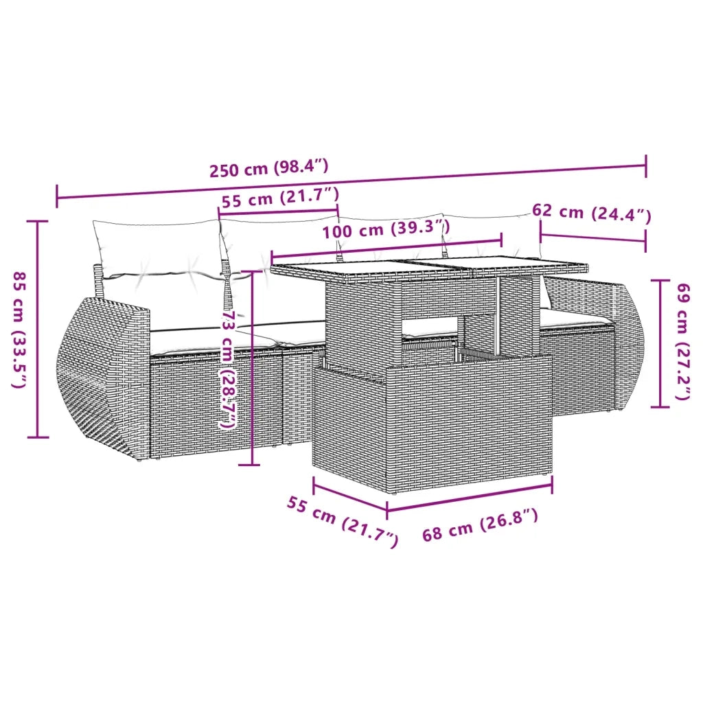 Set Divano da Giardino 5 pz con Cuscini Beige in Polyrattan