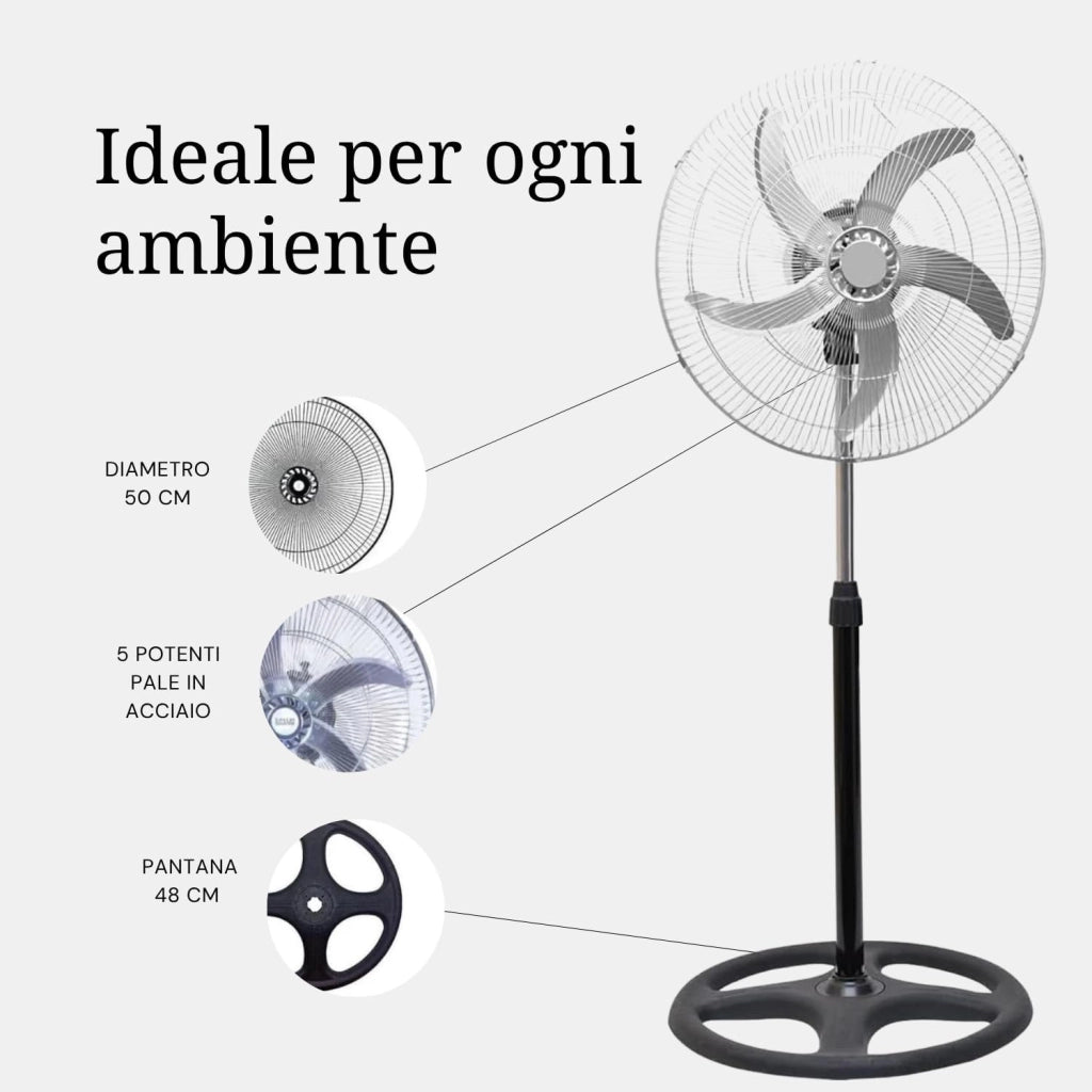 Ventilatore A Piantana, Ventilatore Potente Elettrico In Acciaio Con 5 Pale In Alluminio