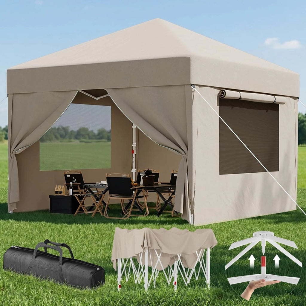 Gazebo Pieghevole con Finestra a Rete Aerata, Gazebo 3x3 Impermeabile Stabile Invernale, Gazebo Pop Up con Pareti Laterali, Protezione UV 50+, Tenda da Festa per Giardini, Campeggio (Beige)