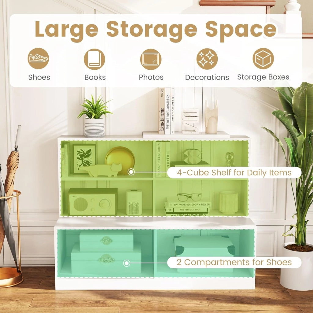 Scarpiera con Seduta, Mobile d'Ingresso 2 in 1 con Kit Antiribaltamento, Panchina per Cambio Scarpe, Stile Moderno Organizzatore a 6 Cubi per Ingresso, Soggiorno, Corridoio, Bianco