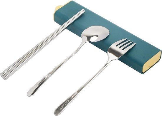 Set di Cucchiaini e Forchette in Scatola - Chopsticks-Spadino-Forca - Acciaio Inossidabile Portatile Box da Viaggio per Camping e Picnic - Bento per Cucina Giapponese e Coreana - Resistente alla Lavastoviglie