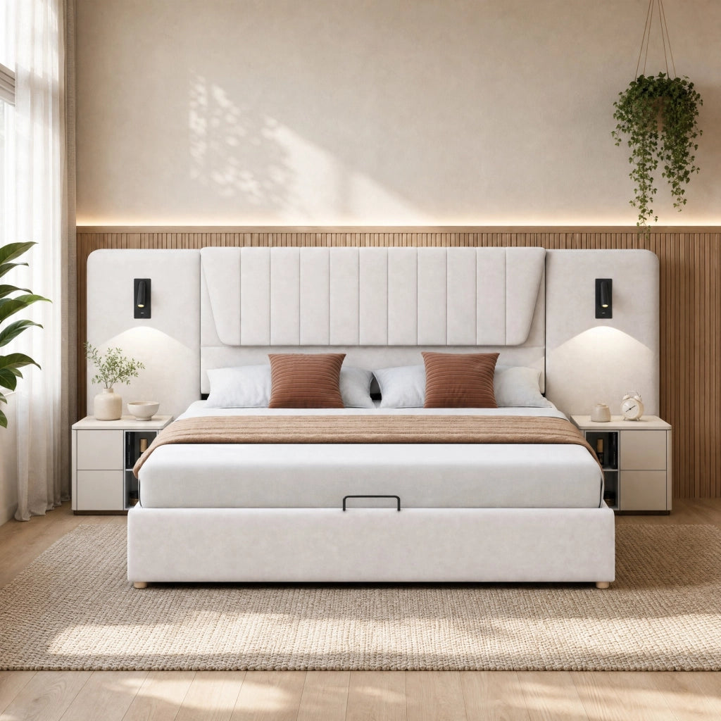 Letto matrimoniale imbottito 180x200 cm con LED USB e contenitore