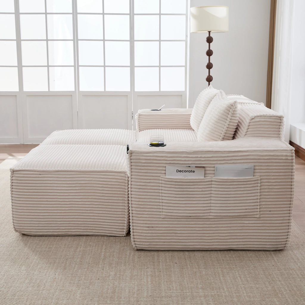 DIVANO modulare 2 posti 188x162x75 cm beige in corduroy con 2 pouf