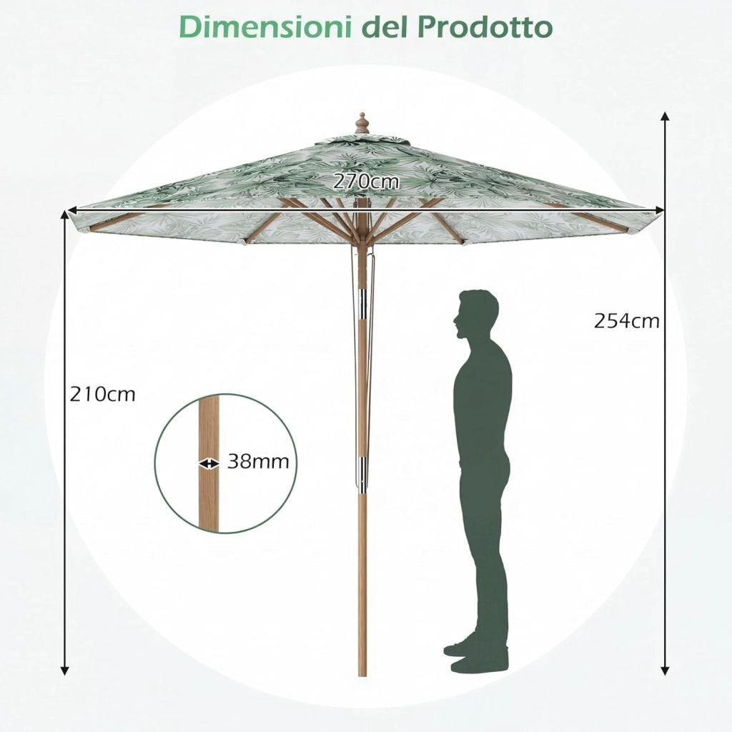 Ombrellone da Giardino 270 cm, con Insclinazione Regolabile, con Tettuccio di Ventilazione e 8 Stecche, Protezione Solare, Ombrellone da Spiaggia per Cortile e Balcone