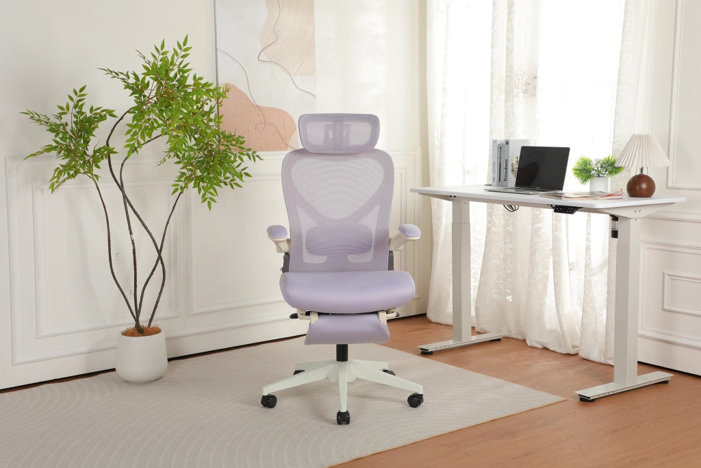 Sedia da ufficio ergonomica pieghevole con supporto lombare e poggiatesta regolabile in schiuma viola per lavoro