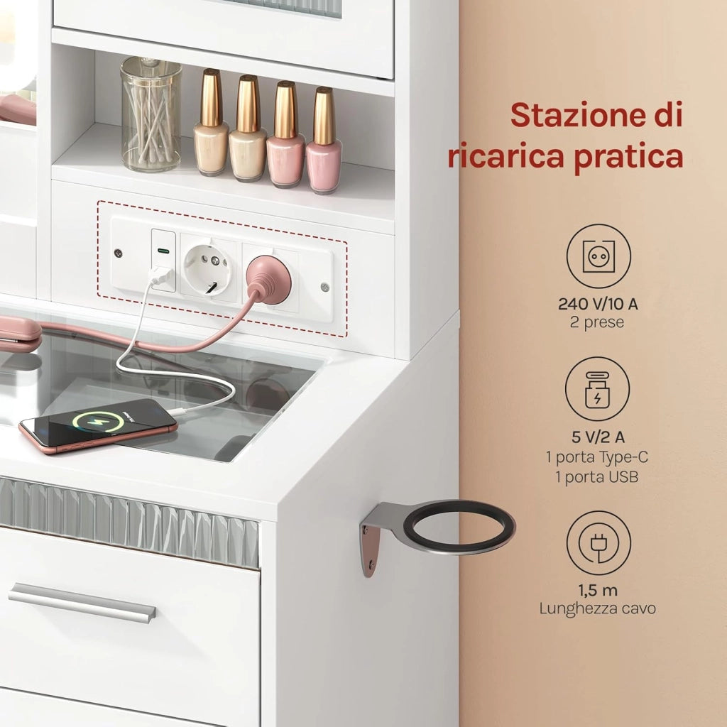 Toeletta con Specchio e LED Regolabili, 2 Armadietti con Ante e Luci RGB, 9 Cassetti e Multipresa, Piano in Vetro Temperato, Postazione Trucco, per Camera da Letto, Cabina Armadio, Bianco