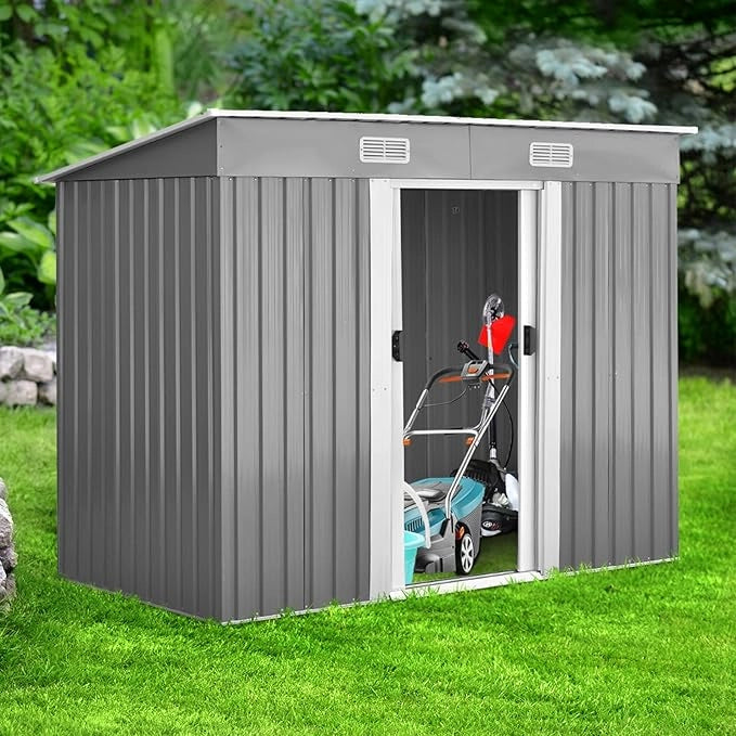 Casetta da Giardino Porta Attrezzi in Lamiera Acciaio Zincato, con Sfoghi, Ante Scorrevoli e Maniglie, Capanno da Esterno per Cortile, Giardino e Fattoria, 238 x 131 x 181 cm