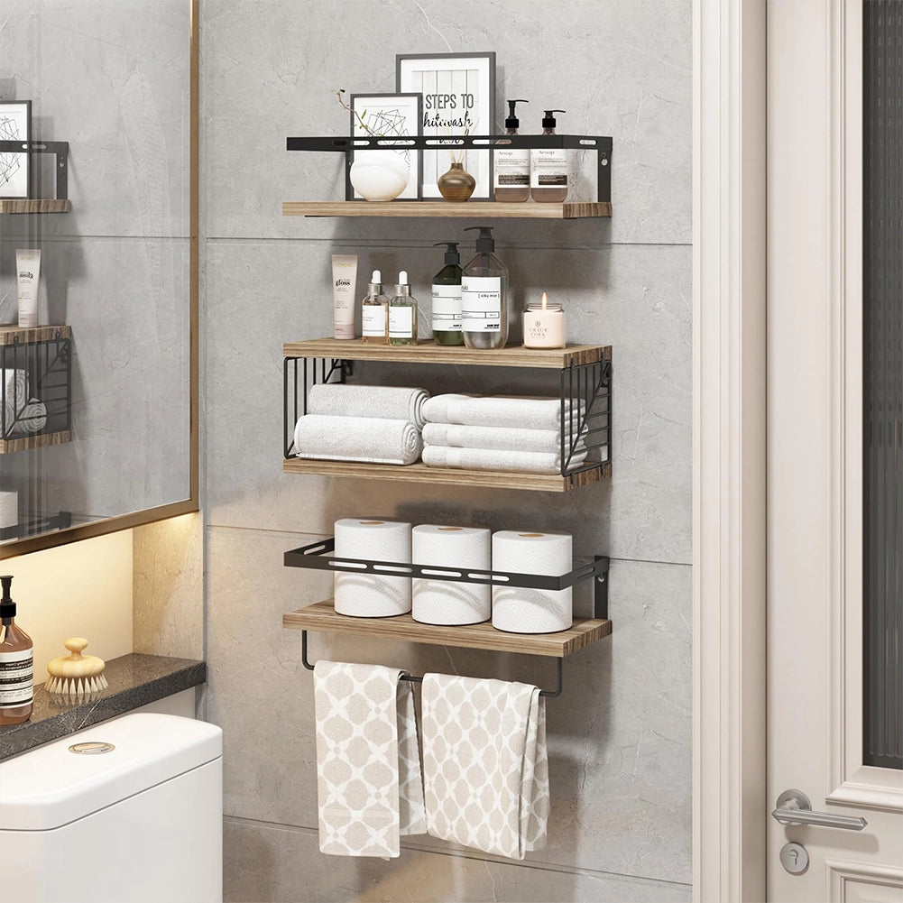 Kit 3 Mensole da Parete Legno e Metallo Noce Versatili Salvaspazio Cucina Bagno Camera