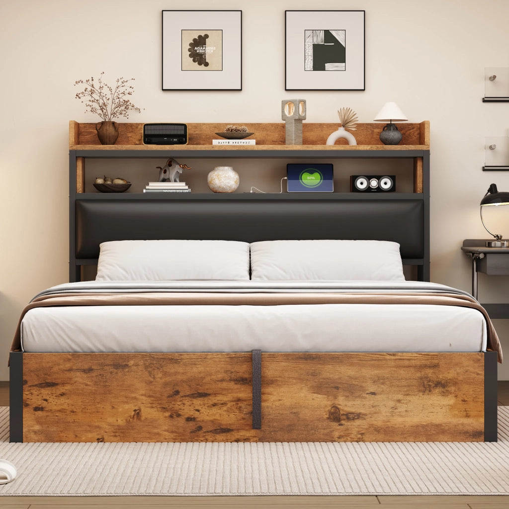 LETTO Contenitore 180x200 cm Nero in Metallo e Legno con USB