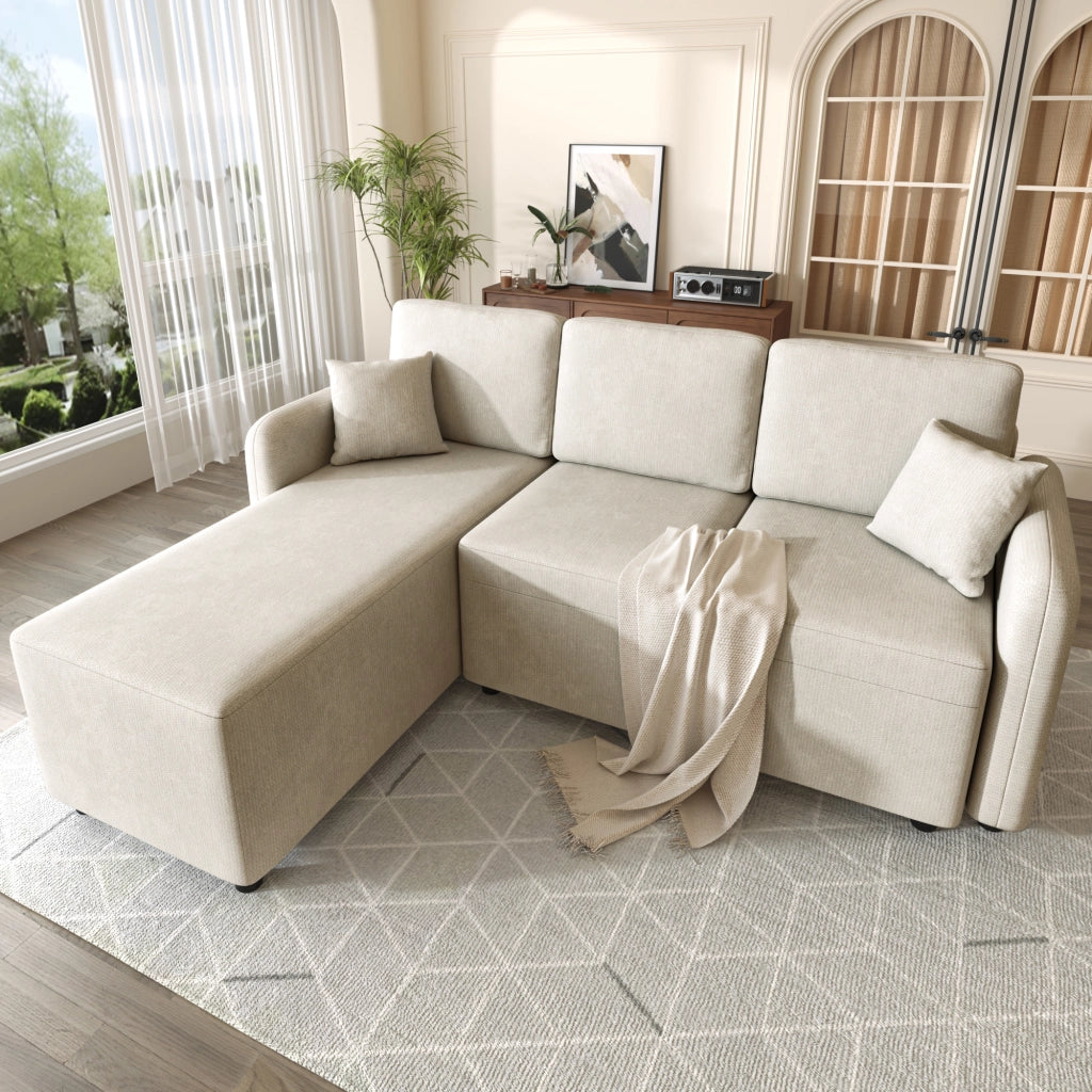 Divano angolare 3 posti in ciniglia con seduta relax e cuscini inclusi struttura in legno beige chiaro compatto