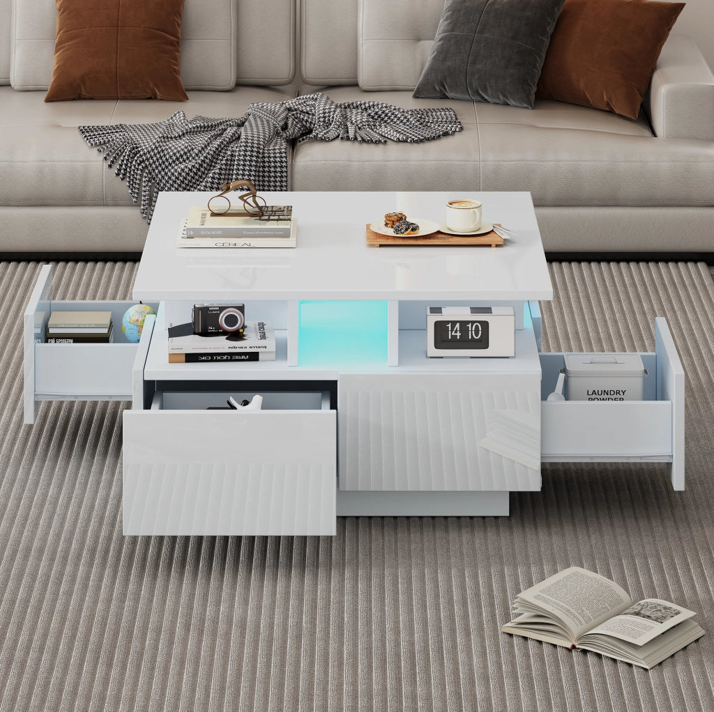 Tavolino da caffè LED bianco 70x70 cm con 4 cassetti