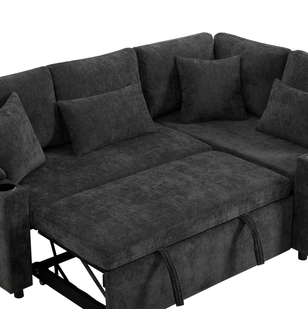 Divano letto angolare a destra con contenitore e USB 206;5x141x86 cm in ciniglia grigio scuro
