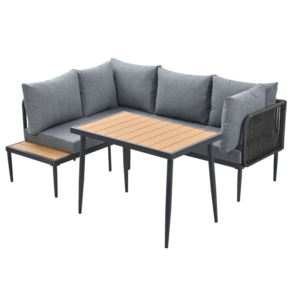 Set da Giardino Angolare con Tavolo ¨C MINIMAL ¨C Polyrattan Grigio, Acciaio Zincato