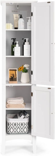 Mobile da Bagno Alto con 2 Ante, Armadio da Terra con 5 Vani, Mobile Colonna per Bagno Cucina Soggiorno, 37 x 37 x 160 cm (Bianco)