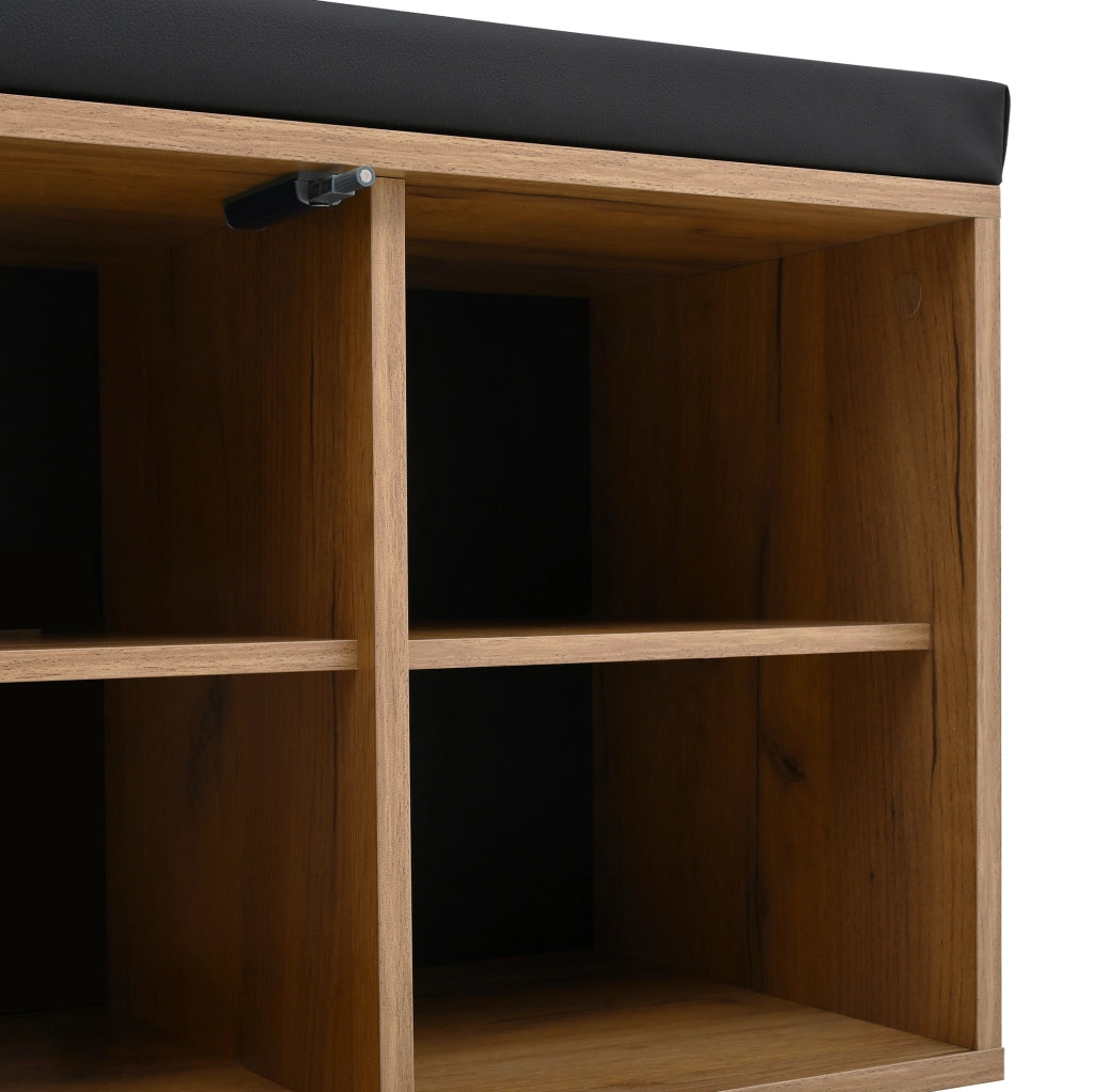 Mobile ingresso con scarpiera; 3 ganci e panca imbottita; 70×36×146 cm; nero e naturale