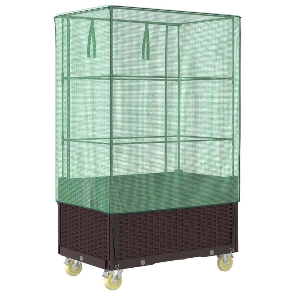 Aiuola rialzata/fioriera con copertura e ruote effetto rattan marrone 02_0038799