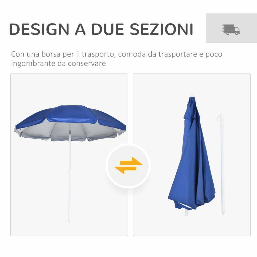 Ombrellone da Spiaggia Inclinabile con Tendine Laterali, in Poliestere e Acciaio, ?191x211 cm, Blu e Bianco