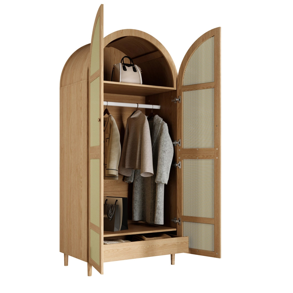 Armadio 80x50x179 cm con asta appendiabiti e cassetti; ante in rattan; gambe in legno; MDF e truciolare naturale