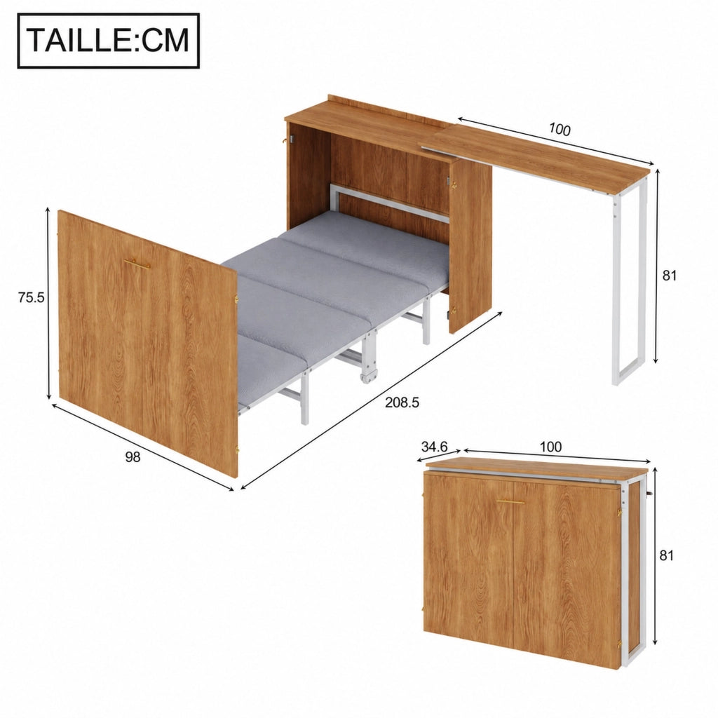 Letto a scomparsa 90 × 200 cm con scrivania girevole, materasso incluso, con ruote, in metallo e legno, naturale
