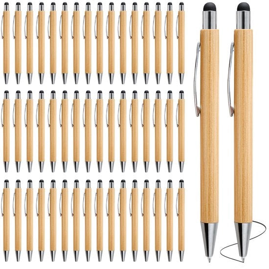 Bamboe Balpen a 50 Stuks - Penna in Bambù - Dritto - Touchpen - Penna Riscrivibile - Impugnatura Comoda - Scrittura Duratura